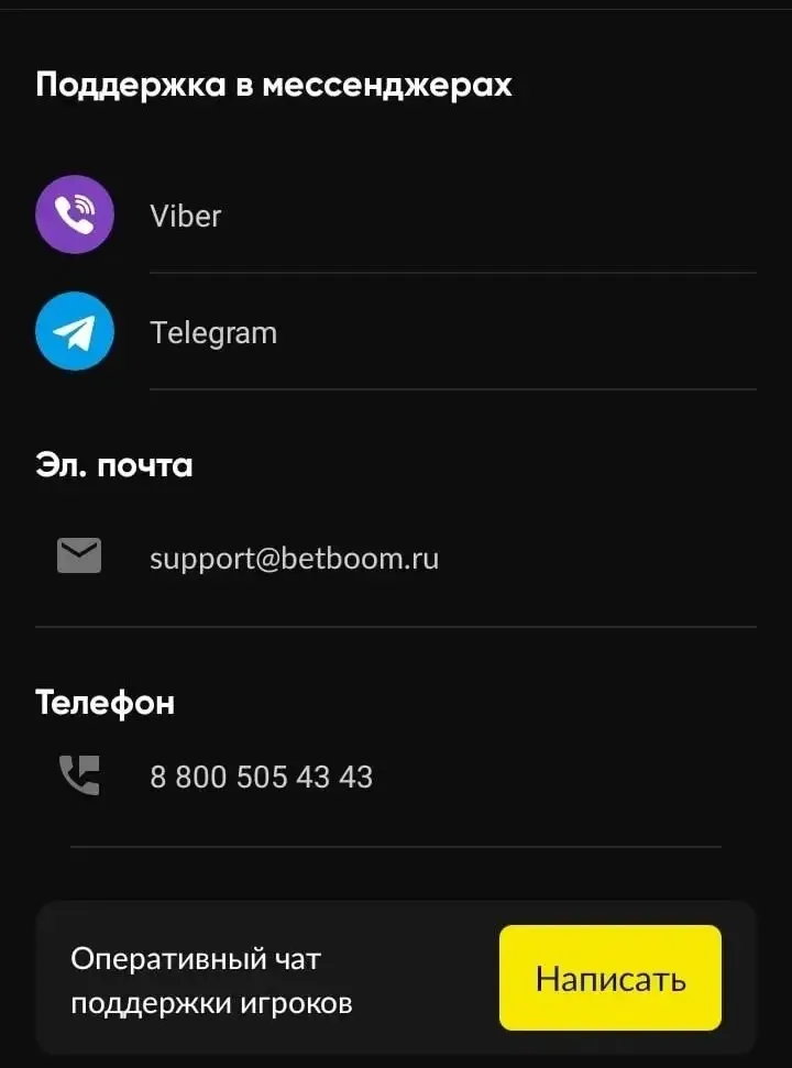 Переход в раздел поддержки в приложении «БетБум»
